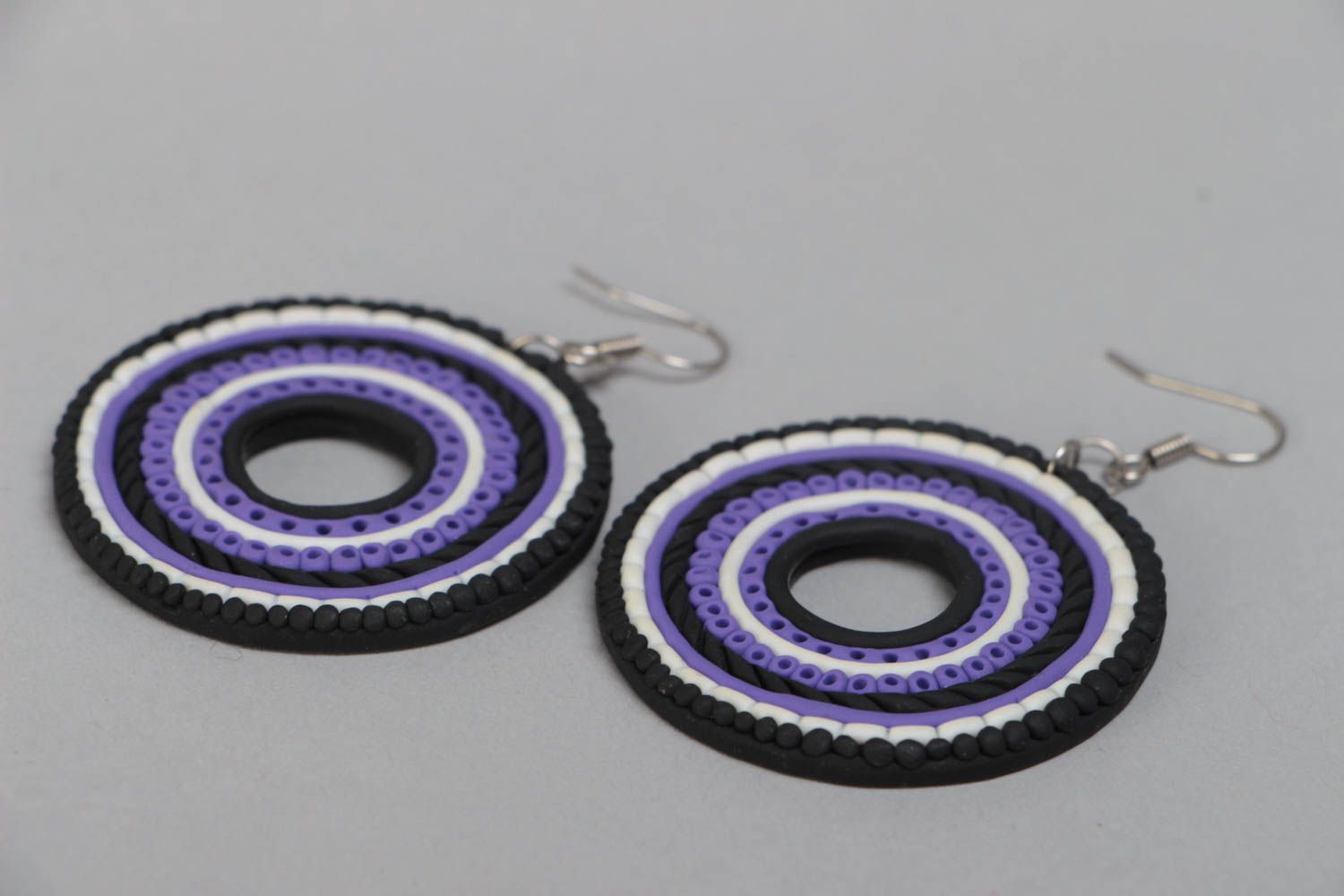 Handmade polymer clay round shaped dangle earrings black and violet photo 3