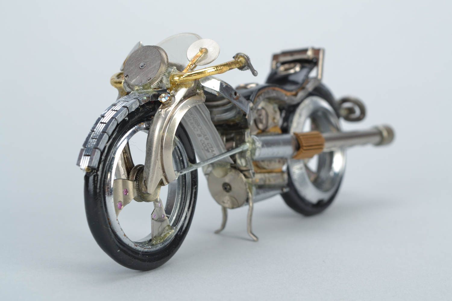 Handmade miniature metal steampunk motorcycle figurine created of clock details photo 3