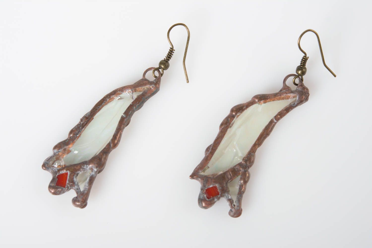 Handmade unusual transparent designer earrings made of glass and metal photo 1