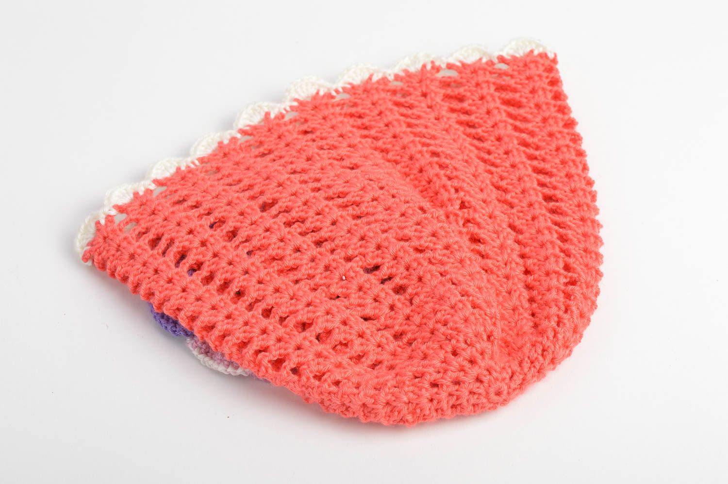 Bonnet tricot fait main Chapeau au crochet rouge fleur mauve Vêtement fille photo 4