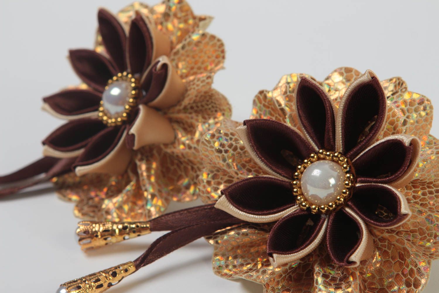 Designer jewelry handmade hair accessories set of 2 flower hair ties kanzashi photo 3