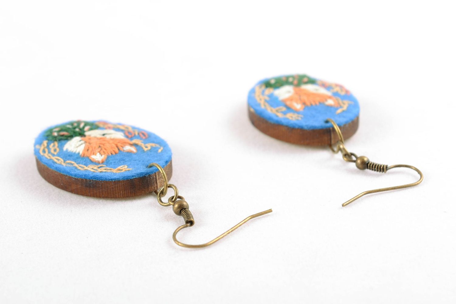 Oval wooden earrings with satin stitch embroidery photo 4