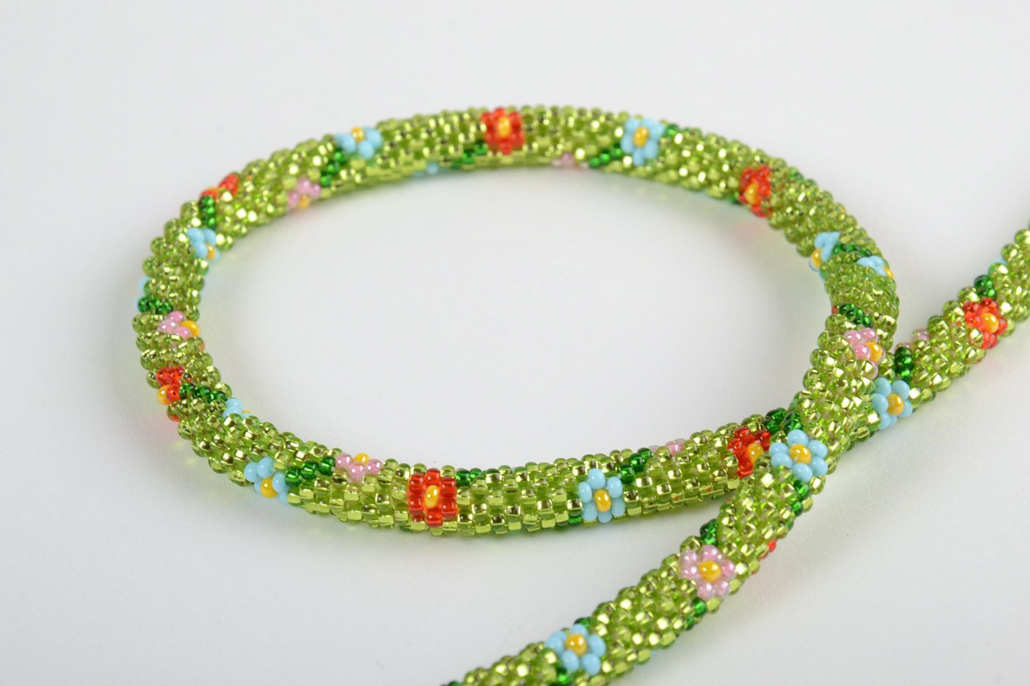 Beautiful bright women's handmade beaded cord necklace of lime color photo 4