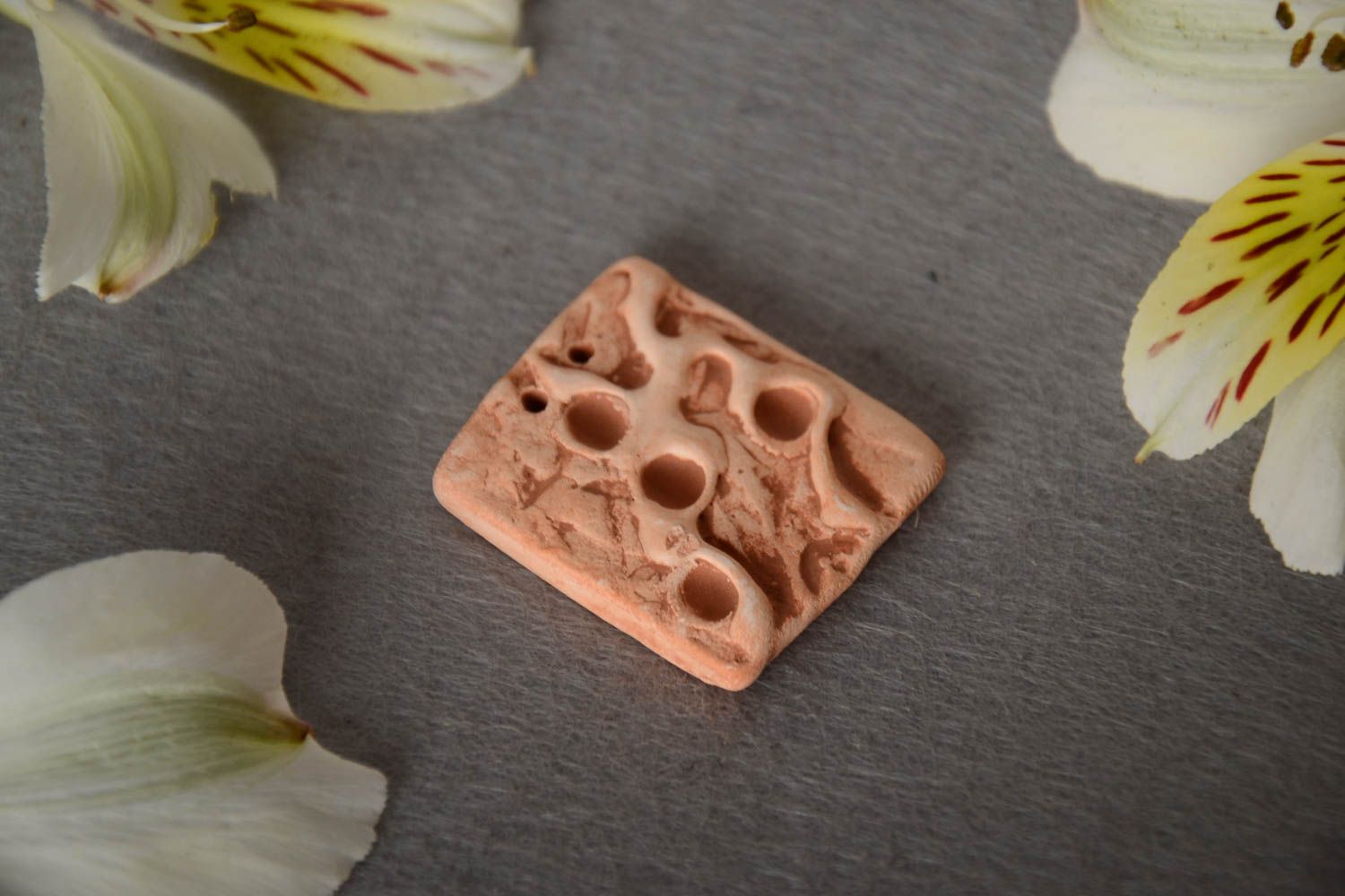 Small handmade square clay blank pendant of beige color DIY jewelry making photo 1