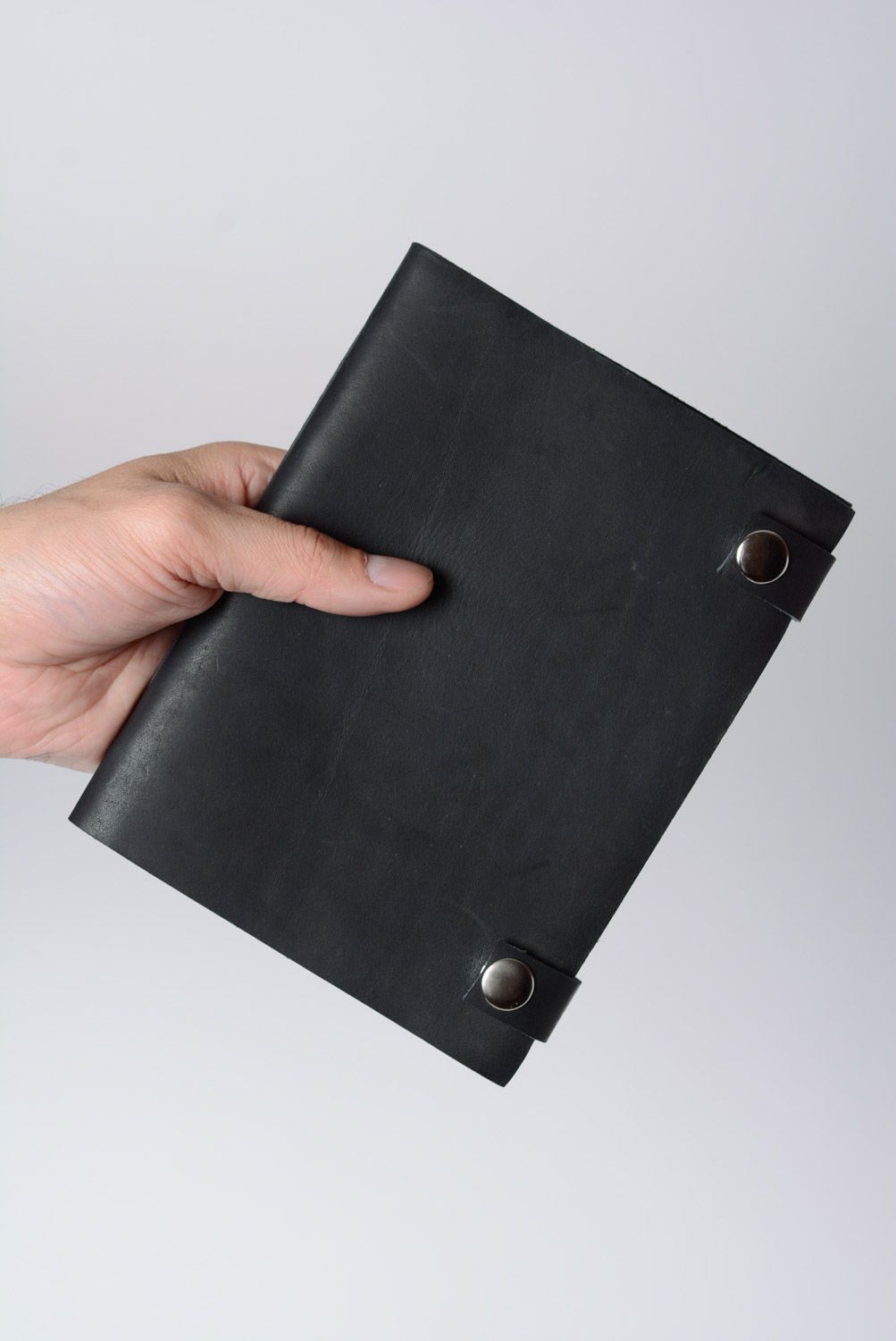 Large black handmade leather notebook with white paper photo 3