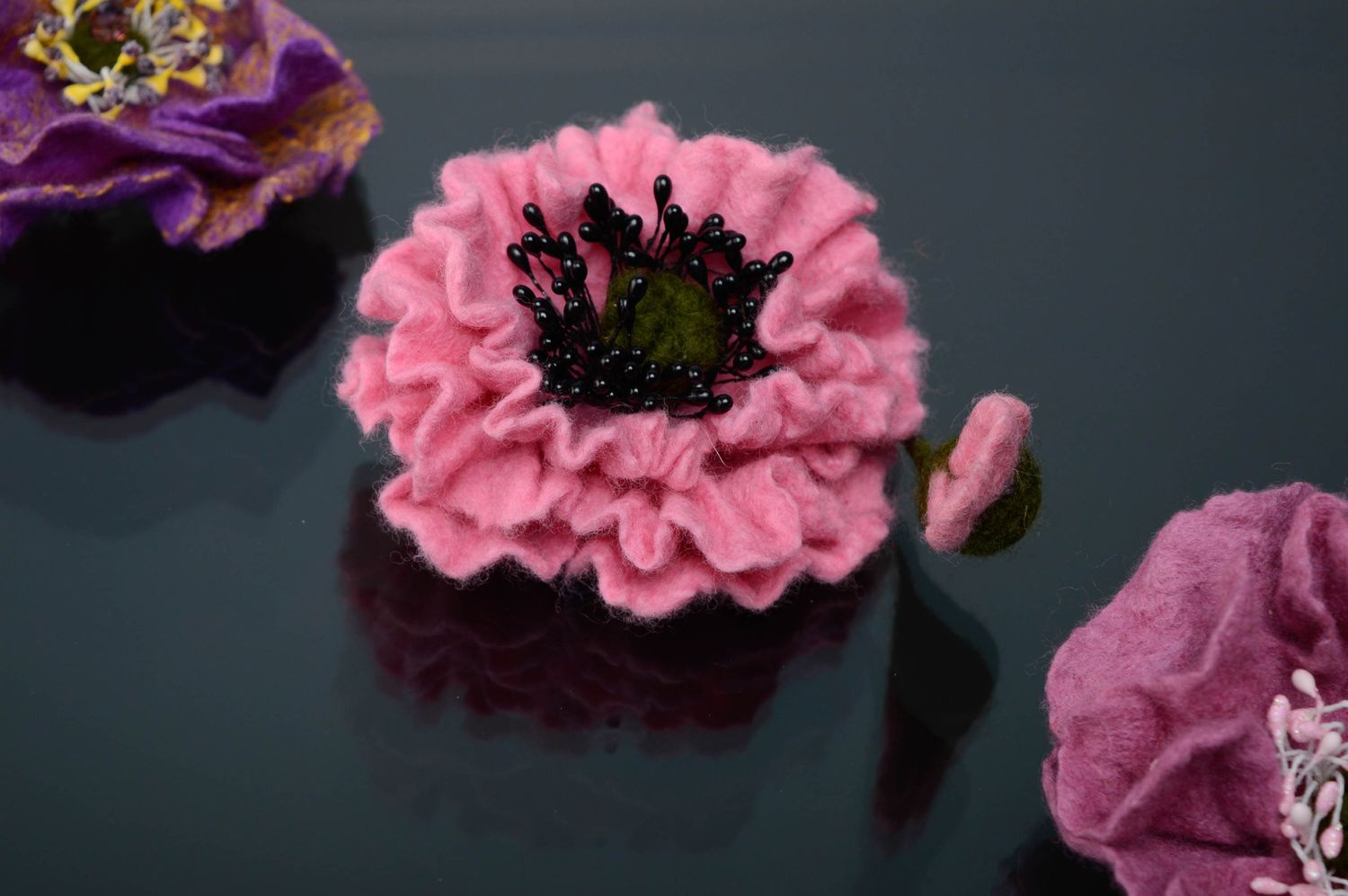 Handmade wool brooch hairpin Pink Flower photo 5