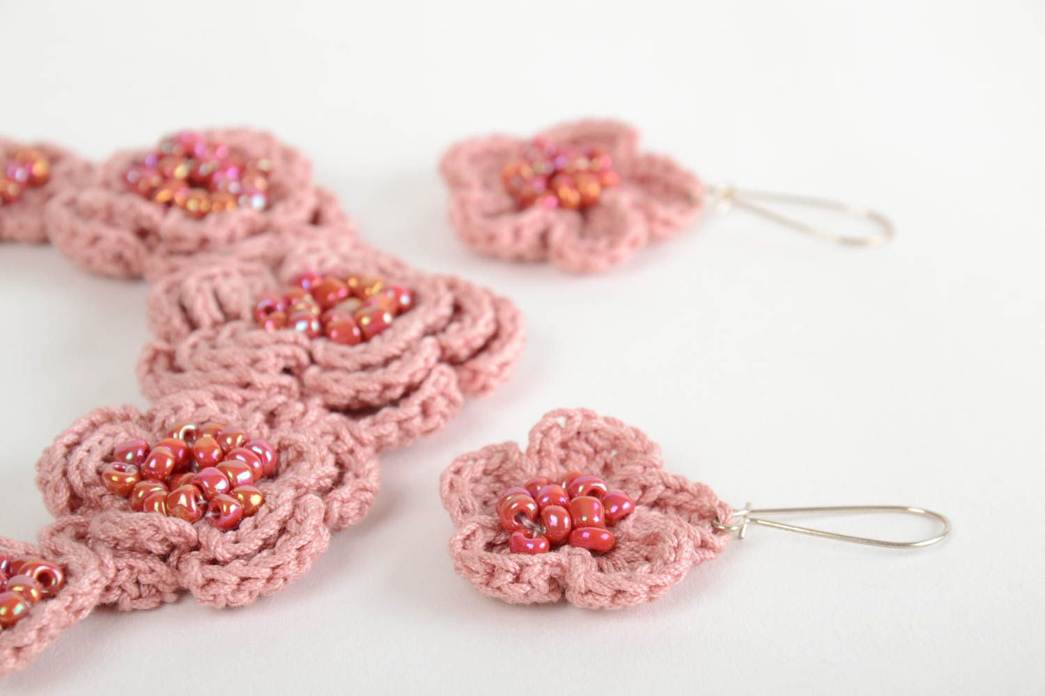 Set of handmade floral crocheted jewelry earrings and necklace in pastel colors photo 4
