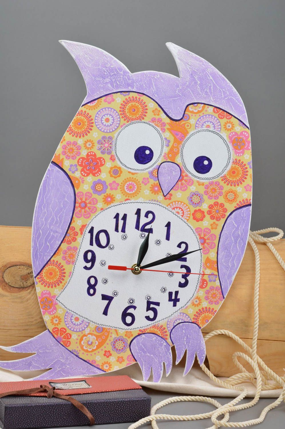 Handmade decoupage clock unusual owl clock cute nursery decor stylish clock photo 1
