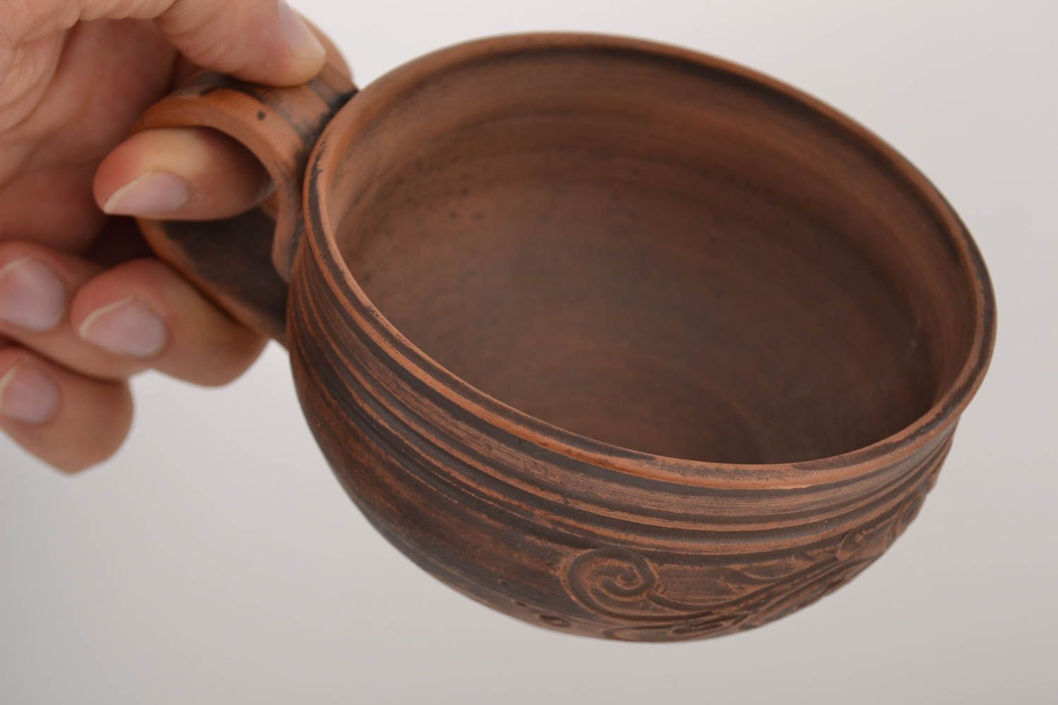 6 oz clay wide rustic tea or coffee cup in brown color with handle photo 2