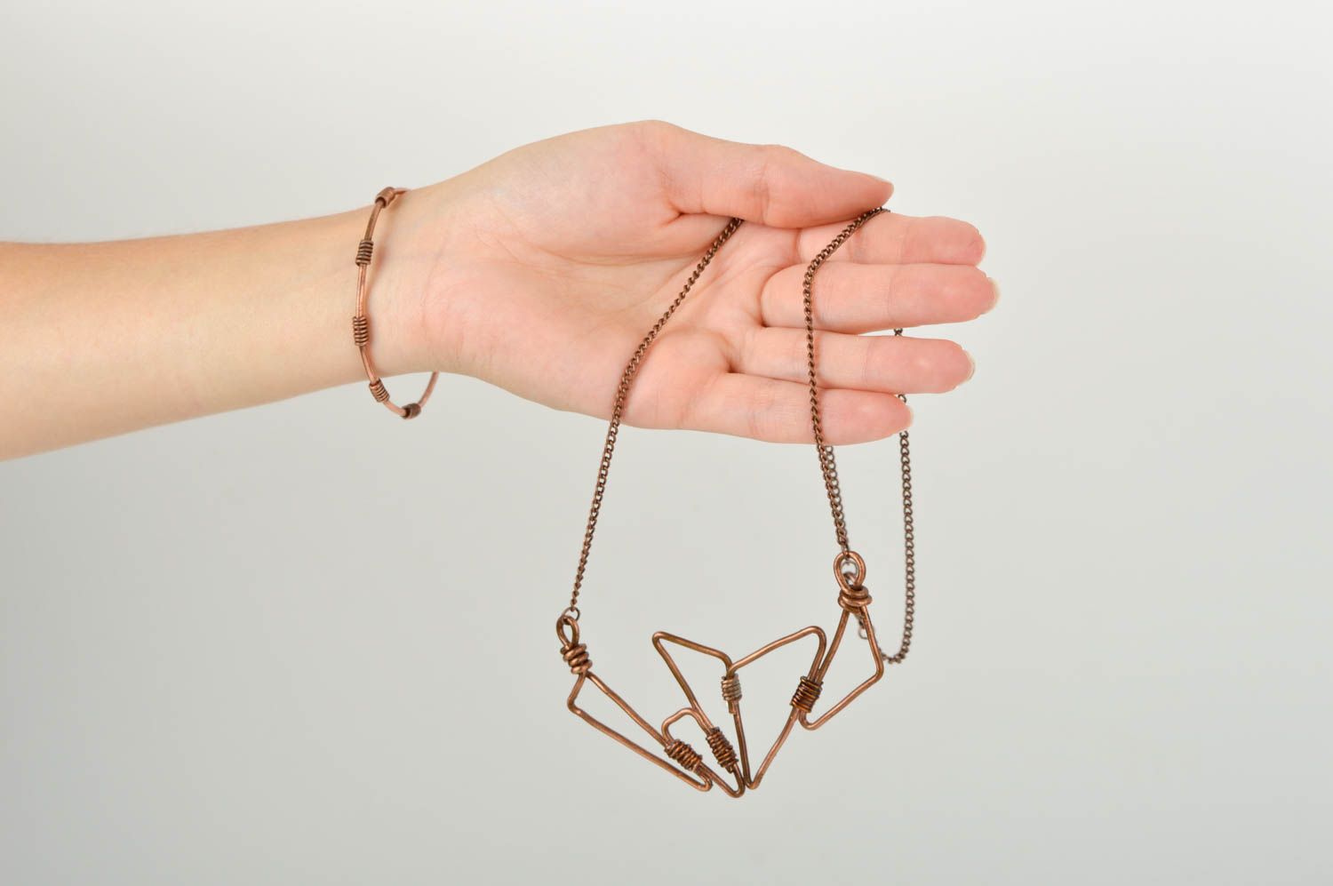 Handmade designer stylish accessory copper jewelry set bracelet and earrings photo 1
