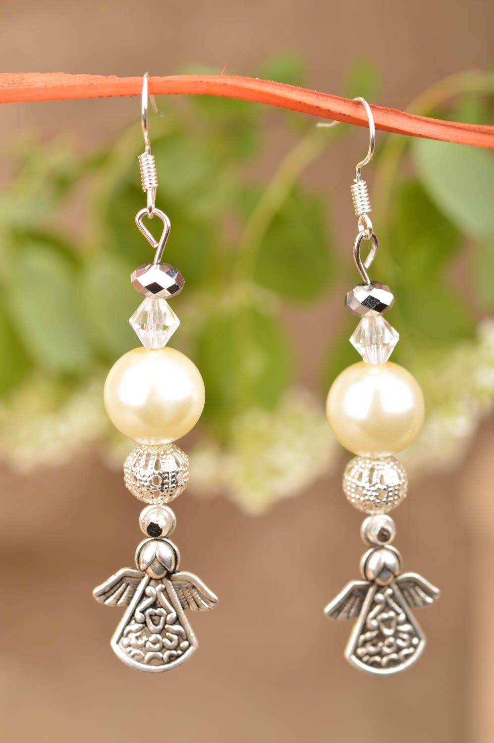 Handmade beaded earrings summer accessory present for girl artificial pearl photo 1