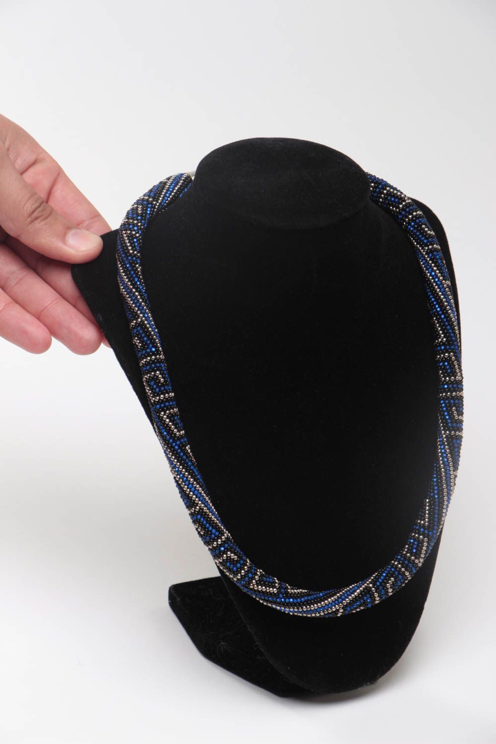 Handmade designer bead woven cord necklace ornamented in dark blue color palette photo 5