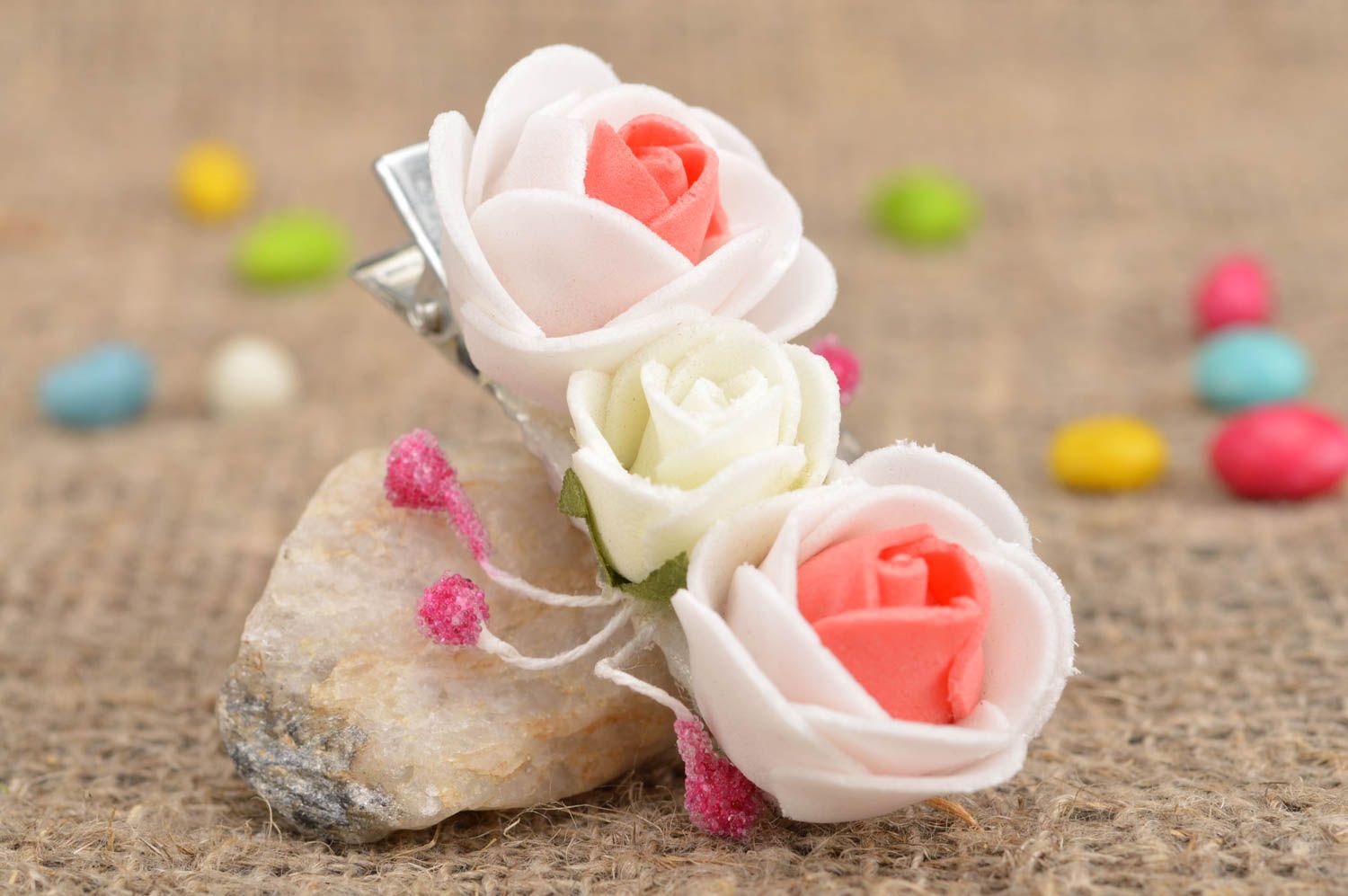 Handmade hair clip made of artificial flowers for baby beautiful barrette photo 1