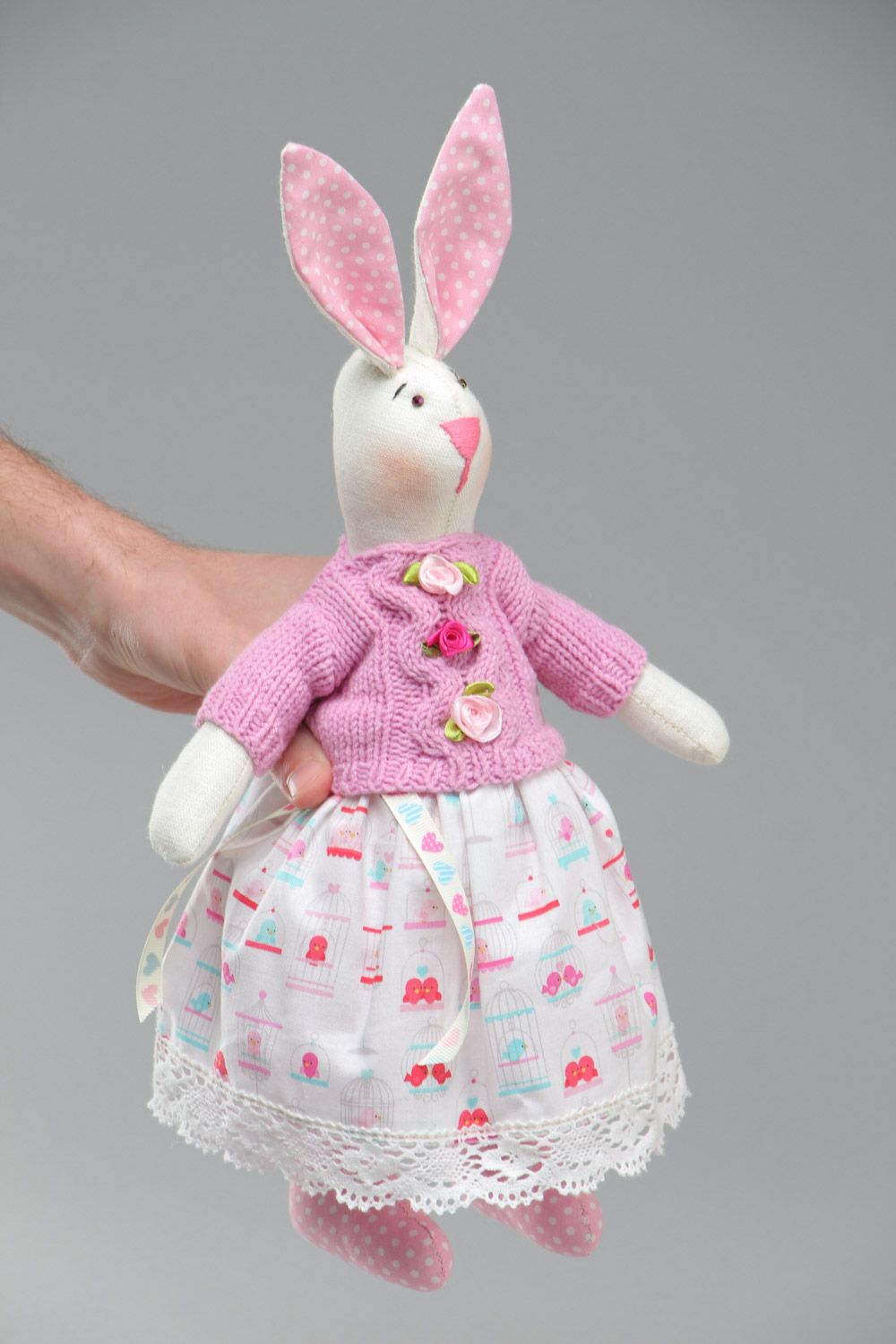 Funny handmade soft toy rabbit in pink knit jacket and floral skirt for kids photo 5