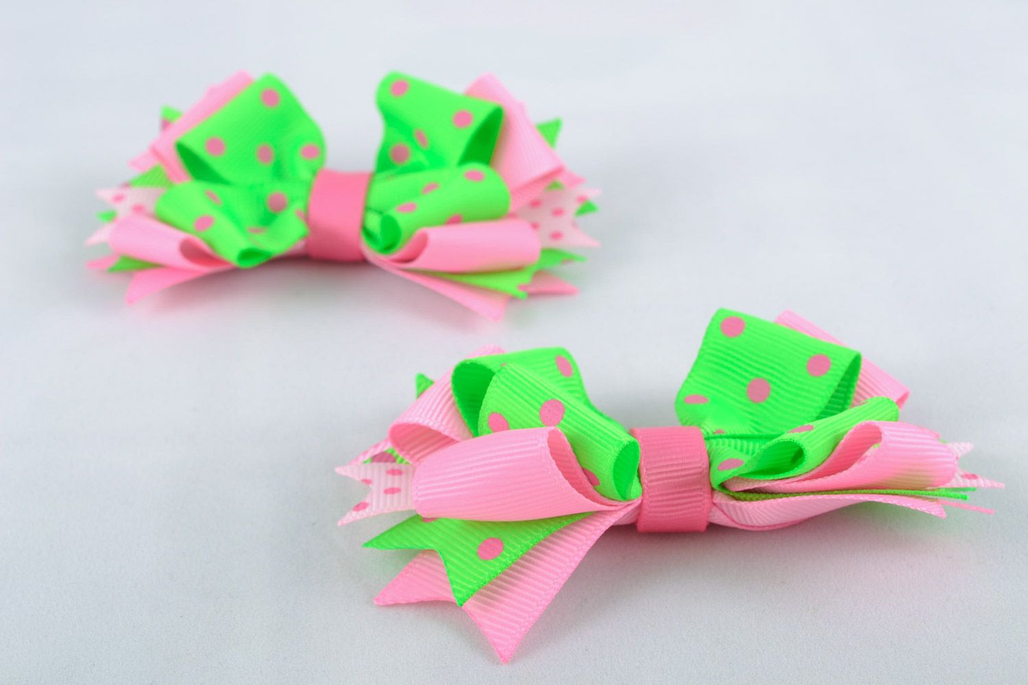 Set of handmade colorful ribbon bow hair clips 2 pieces photo 3