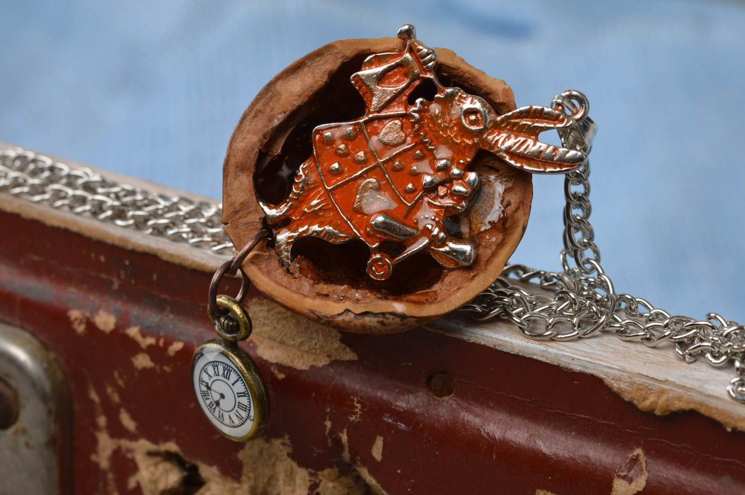 Handmade pendant made of nut with metal rabbit with clock Rabbit of time photo 4