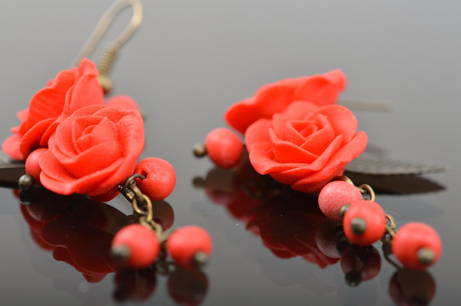 Handmade women's polymer clay flower earrings with charms in the shape of roses and beads photo 4