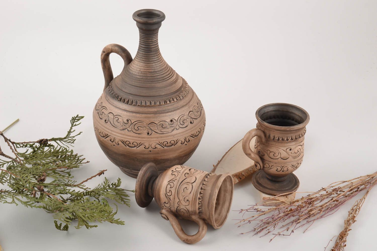 Keramik Geschirr Set Ton Krug und 2 Becher 2 l und 250 ml handmade für Küche foto 1