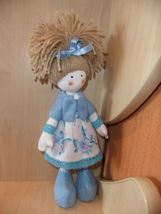 Handmade fabric doll in blue dress for gift photo 3