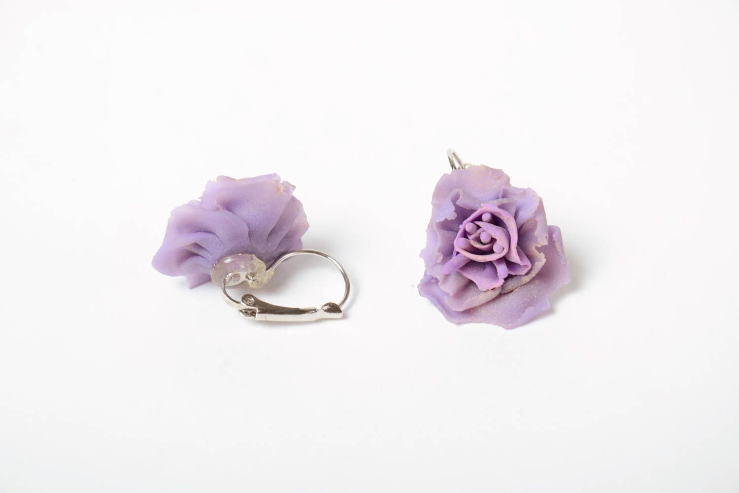 Unusual beautiful lilac handmade plastic flower earrings for women photo 3