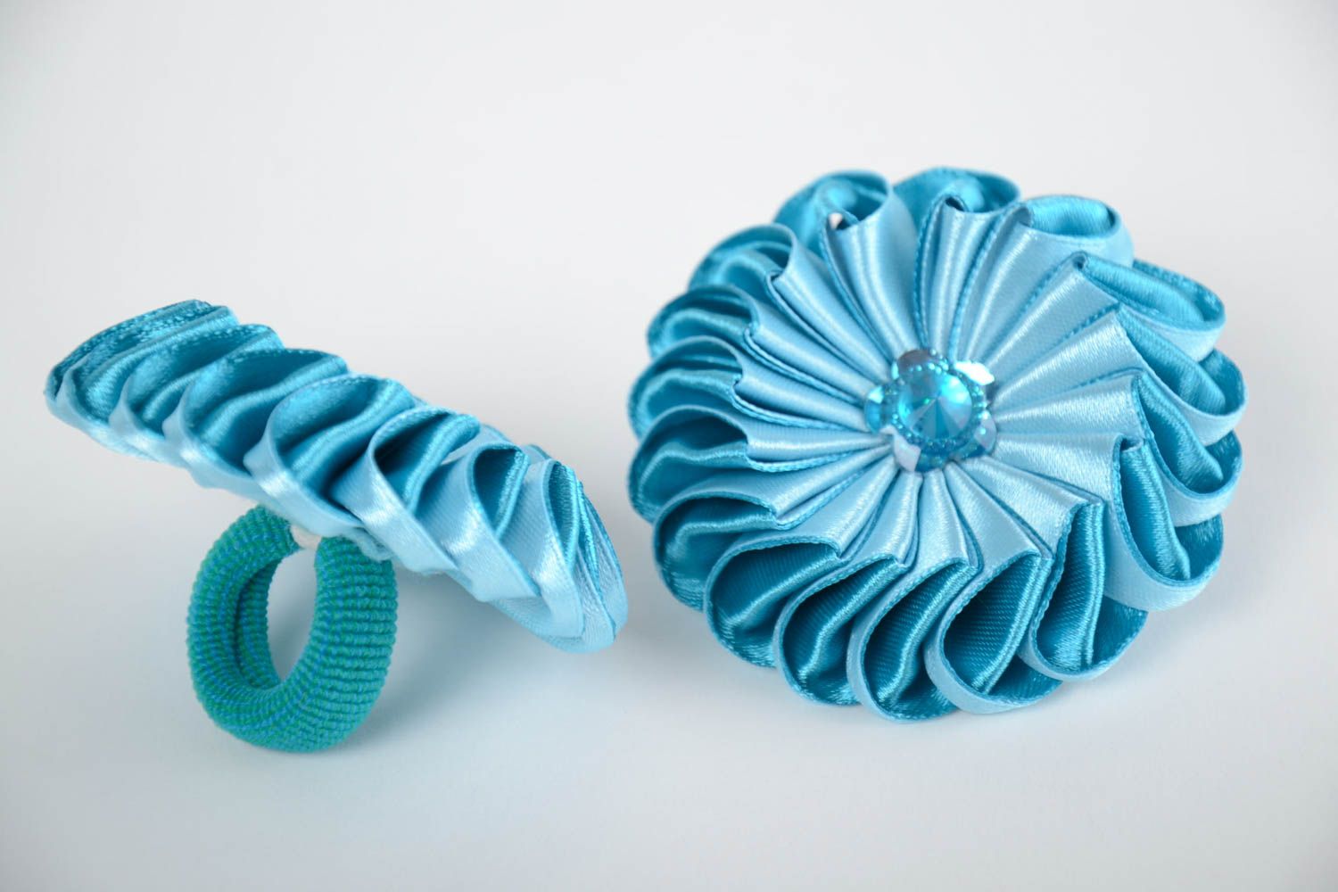 Set of 2 handmade children's blue satin ribbon flower hair ties kanzashi photo 2
