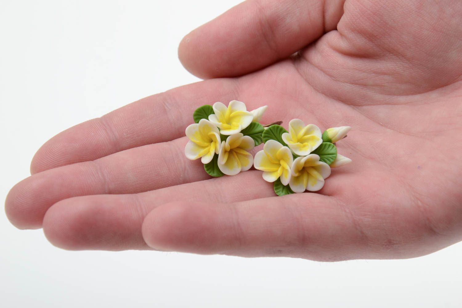 Handmade small neat earrings with cold porcelain yellow vanilla flowers for girls photo 2