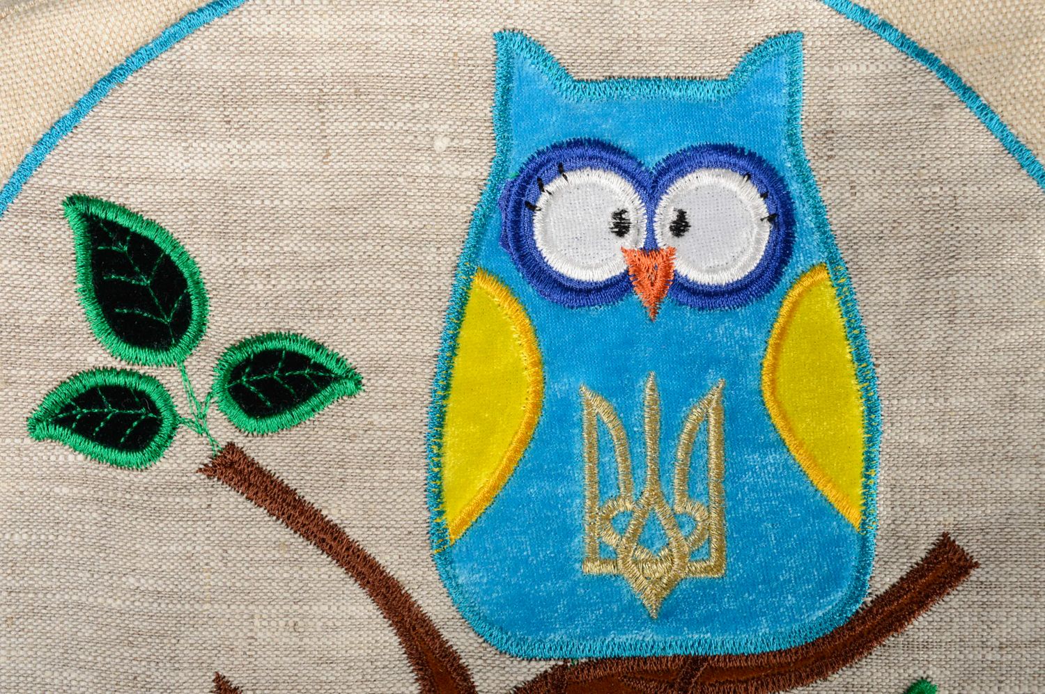 Handmade textile round bag with embroidery Ukrainian Owl photo 3