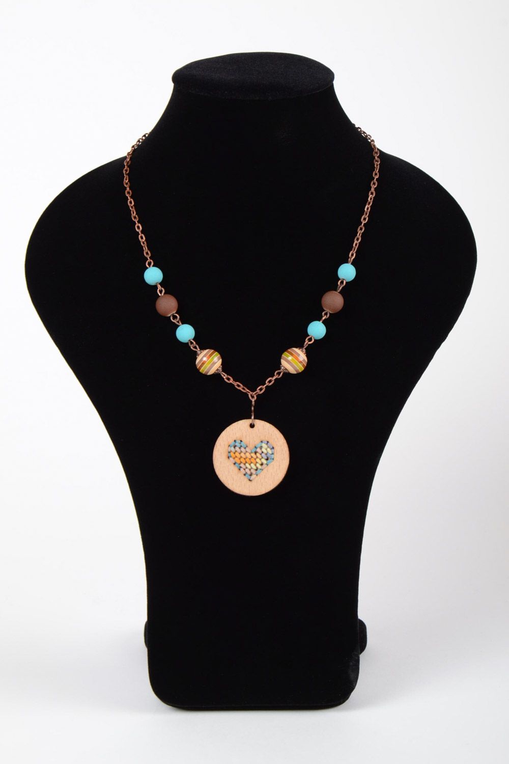 Handmade plywood pendant on a long chain with embroidery and beads for women photo 2