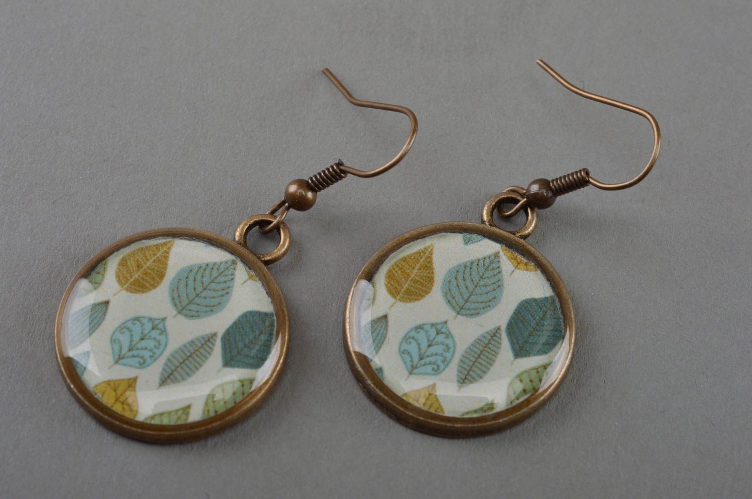 Handmade earrings with decoupage print in epoxy resin unusual fashion accessory photo 1