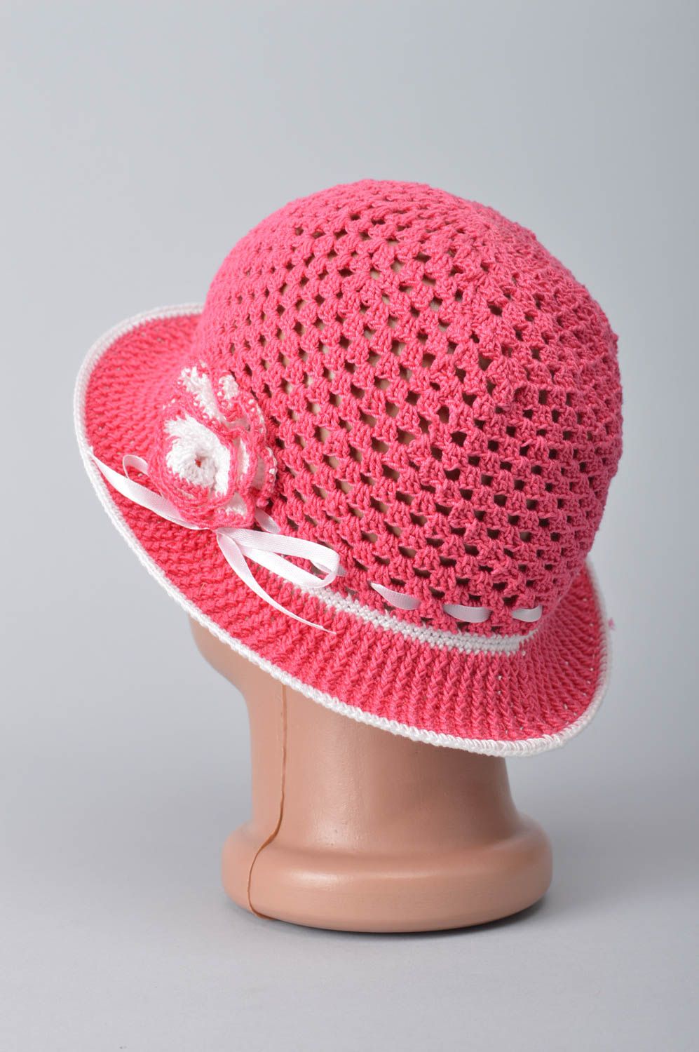 Bonnet rose avec fleur fait main Chapeau enfant tricoté en coton Vêtement enfant photo 10