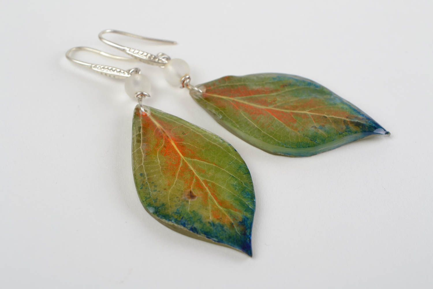 Handmade earrings glass earrings epoxy jewelry unusual gift leaf accessories photo 2