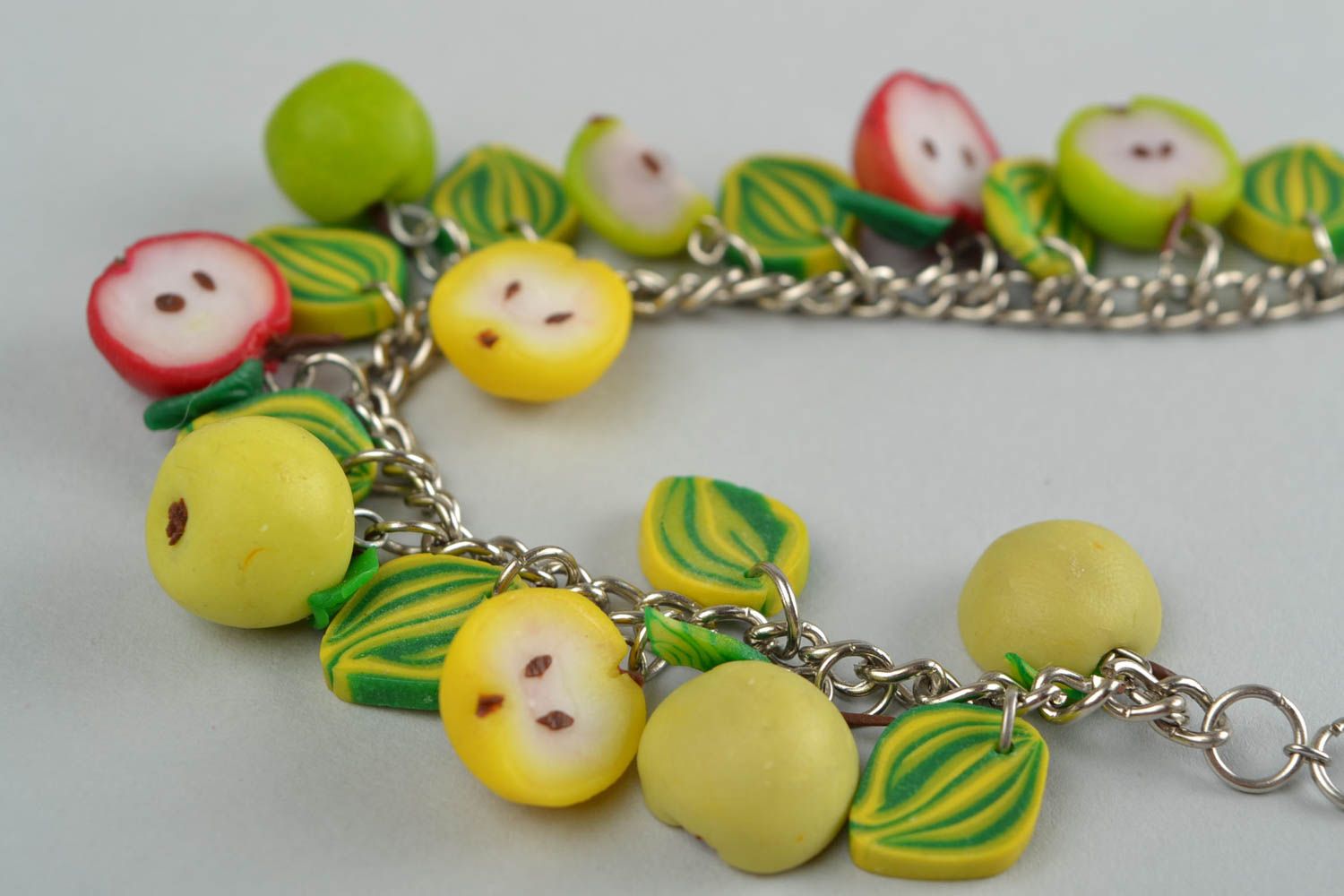 Handmade green designer wrist bracelet with fruit made of polymer clay  photo 6