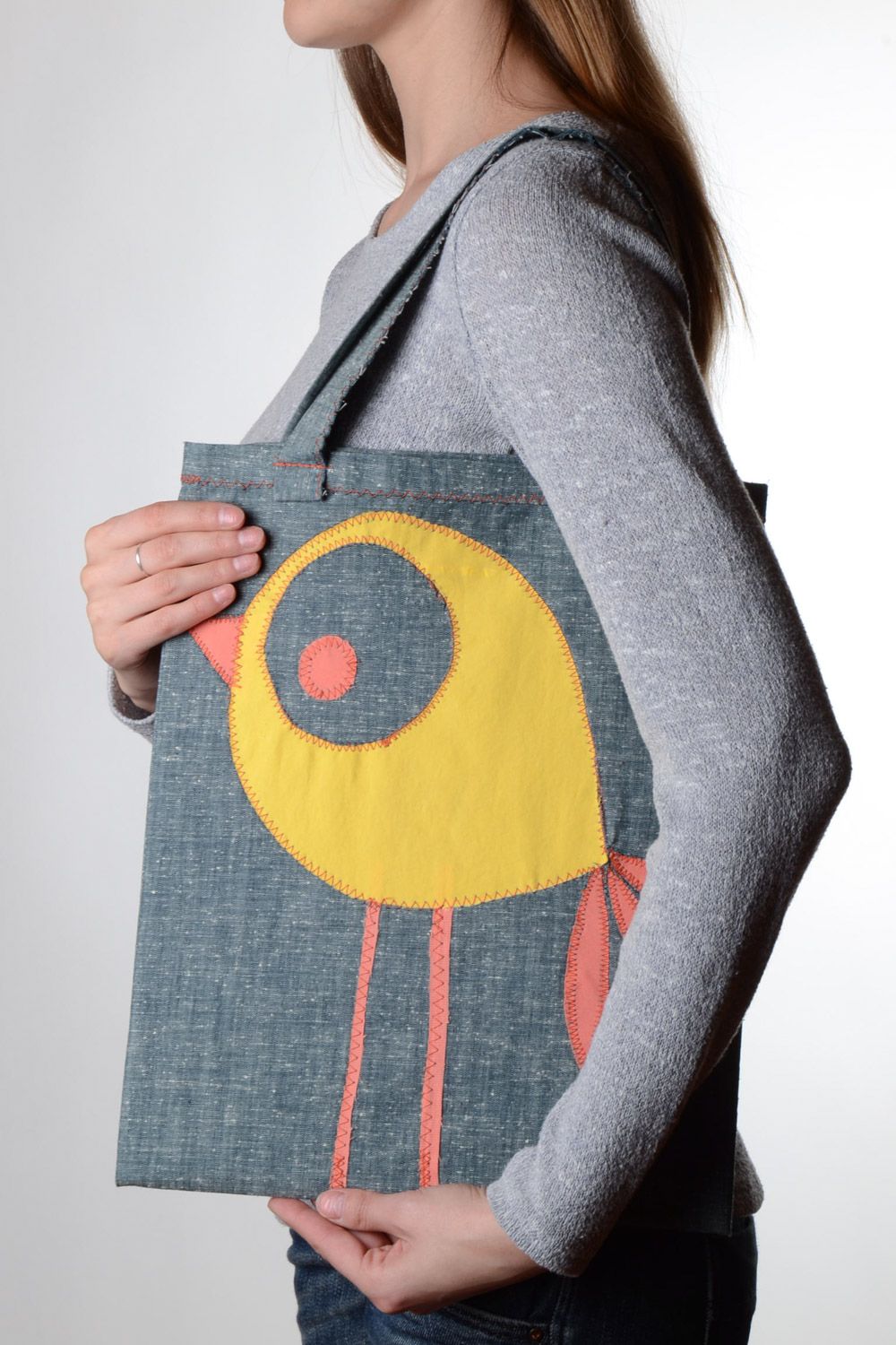 Handmade big gray women shoulder bag made of fabric with applique and with two handles photo 1