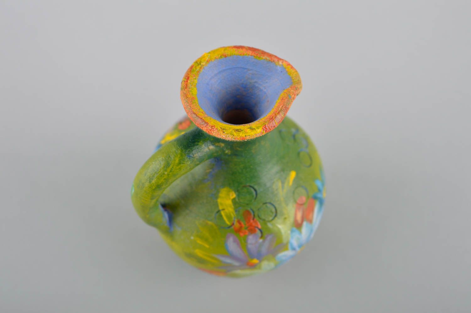 Cruche à l'eau Vaisselle miniature fait main verte à fleurs Figurine céramique photo 4