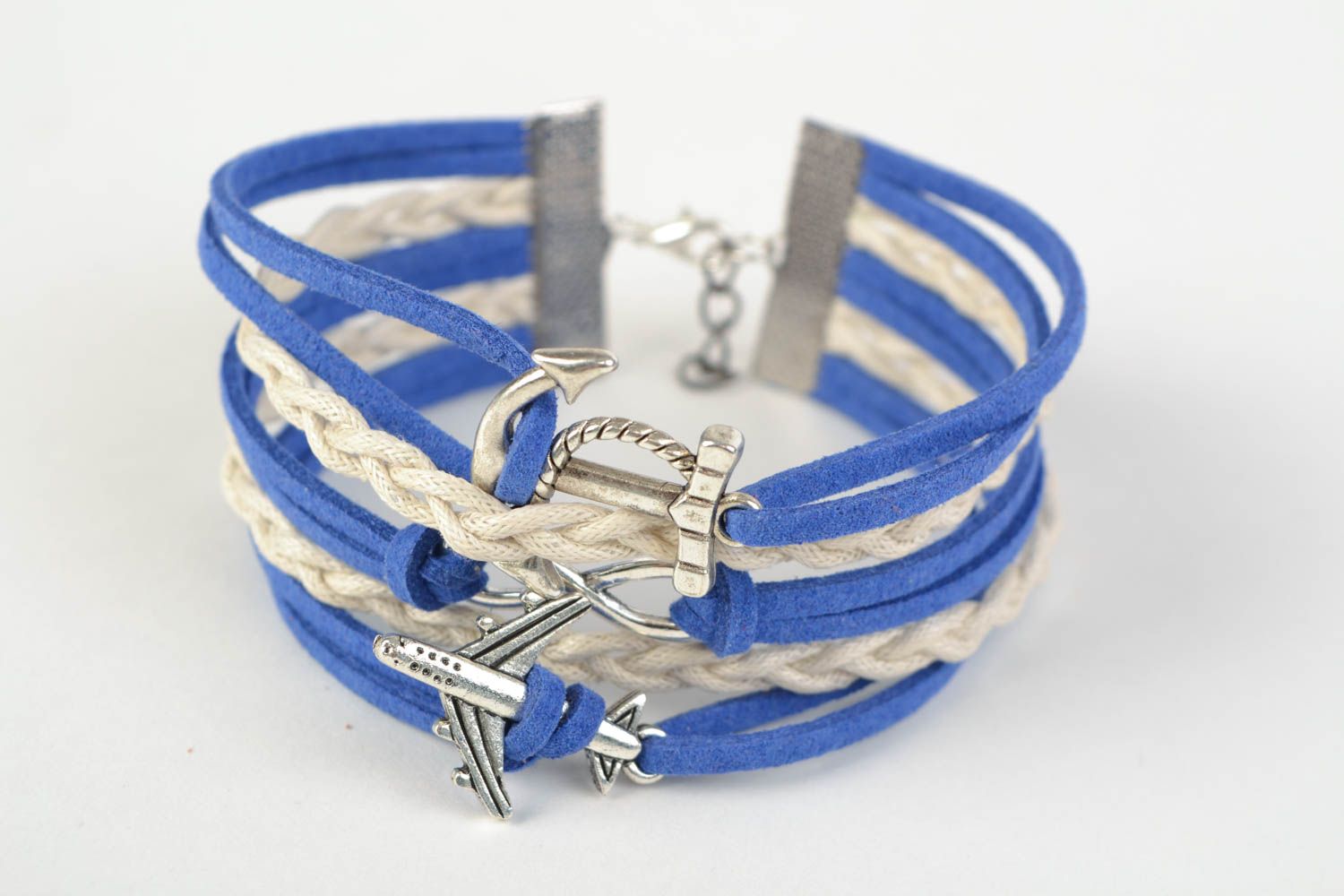 Blue and white stylish handmade wide woven suede bracelet with charms photo 3