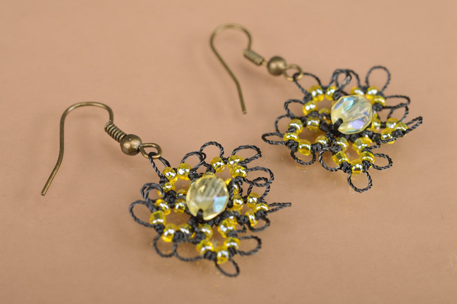 Handmade lacy earrings woven of satin threads and beads black and yellow photo 3