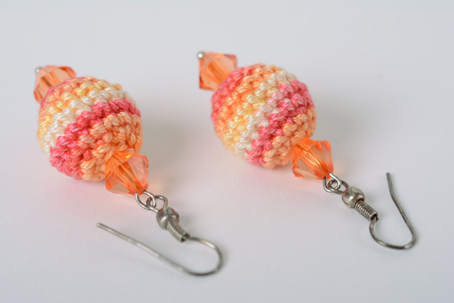 Handmade round dangle earrings crocheted of cotton threads in pink color palette photo 2