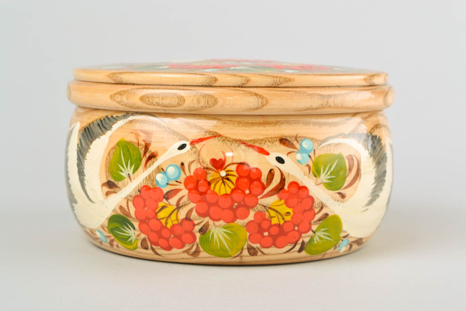 Boîte décorative en bois faite main originale ronde peinture de Petrykivka photo 3