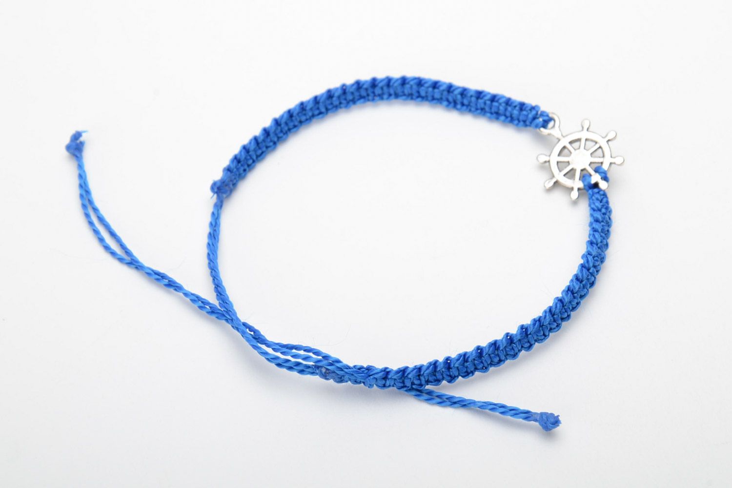 Handmade blue macrame woven thread bracelet with metal anchor charm photo 4