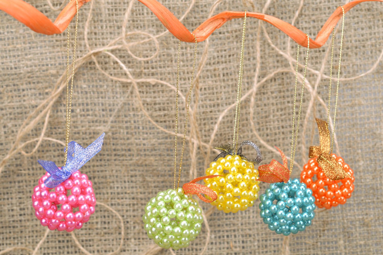 Bright festive handmade woven bead interior pendants set 5 items photo 1
