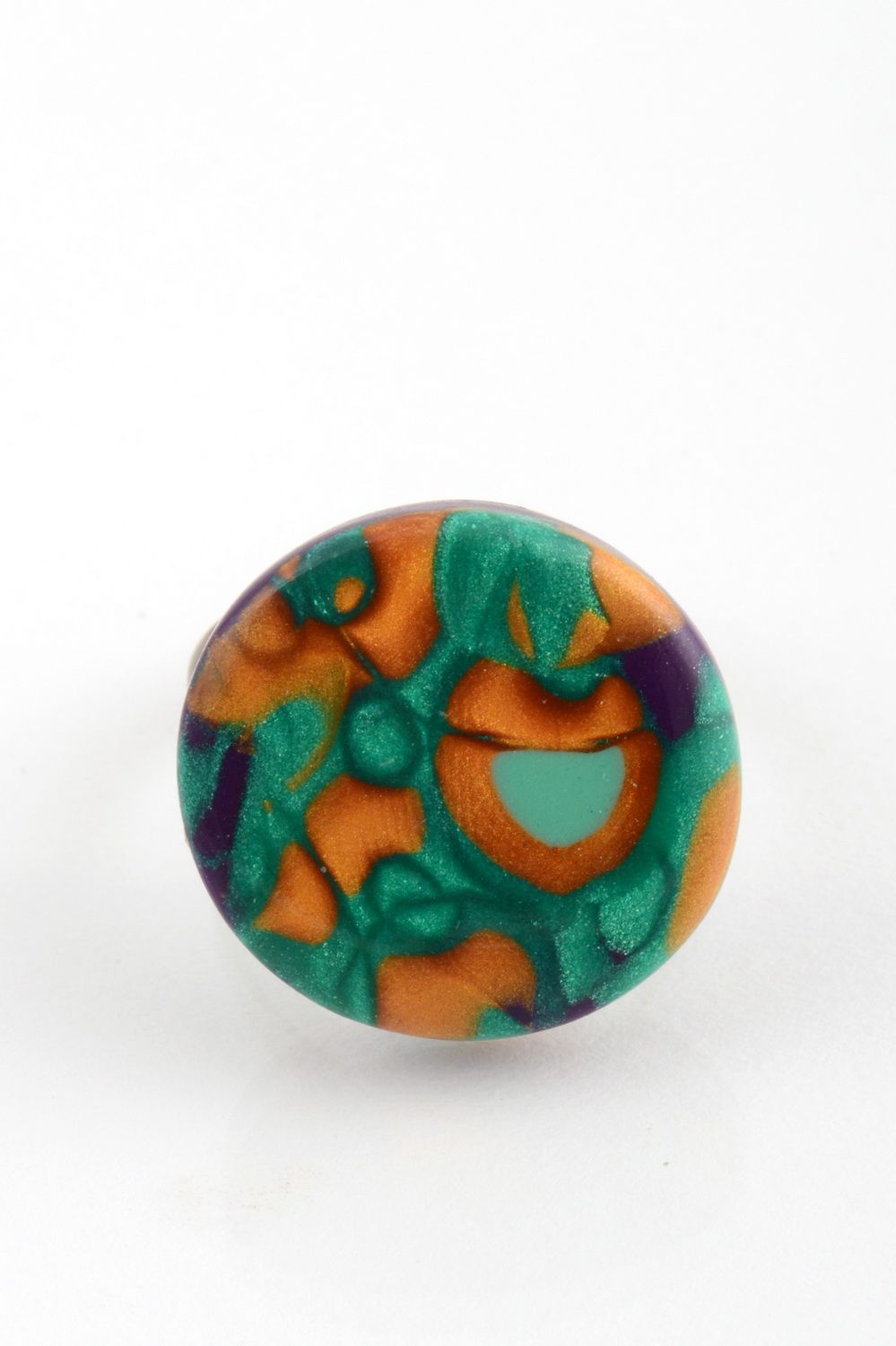 Handmade round colorful polymer clay jewelry ring on metal basis photo 2