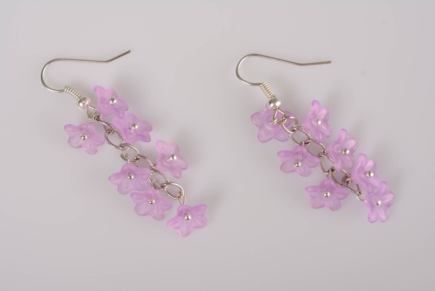 Metal earrings with plastic lilac flowers handmade stylish designer accessory photo 1