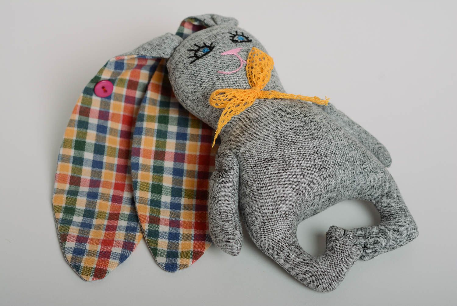 Small handmade children's fabric soft toy hare of gray color photo 3