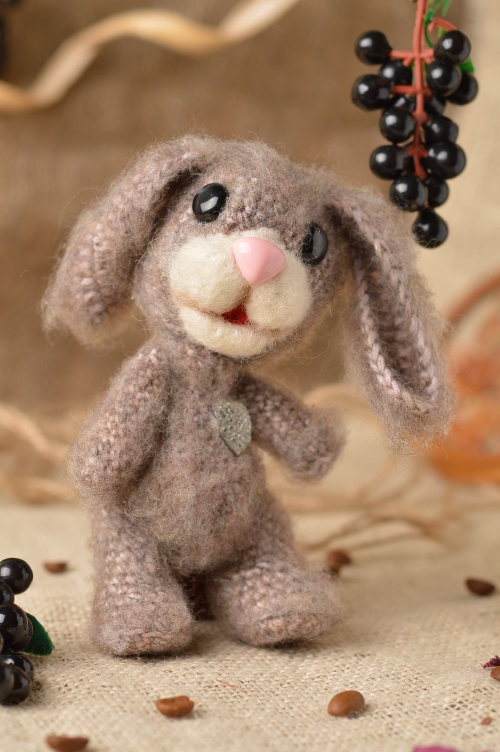 Handmade small cute soft toy crocheted of natural wool beige rabbit for children photo 1
