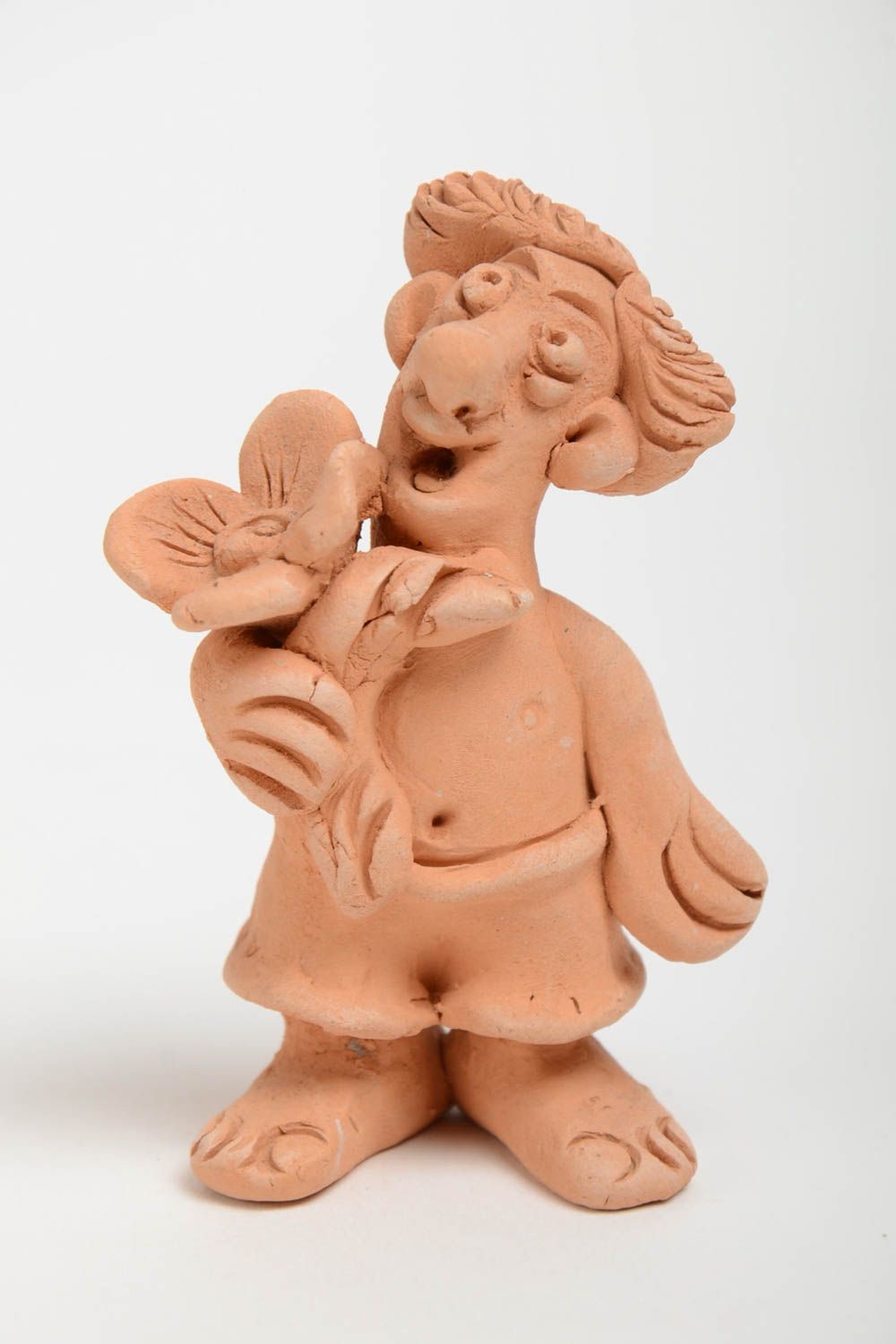Small handmade beige clay statuette of handsome man with flowers photo 2