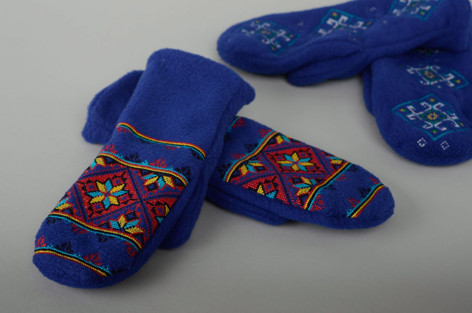 Warm blue fleece mittens with embroidery photo 5