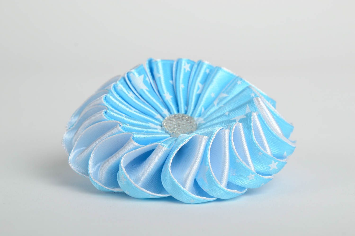 Beautiful handmade kanzashi satin flower hair tie of blue color photo 3