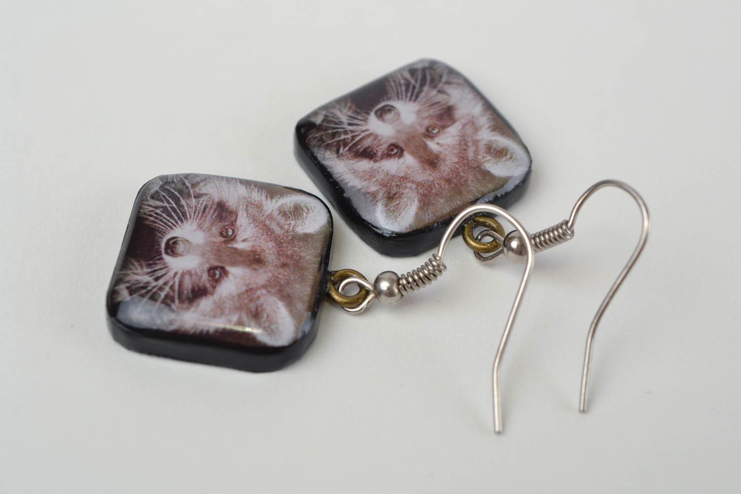 Beautiful handmade square polymer clay earrings with decoupage Raccoons photo 5