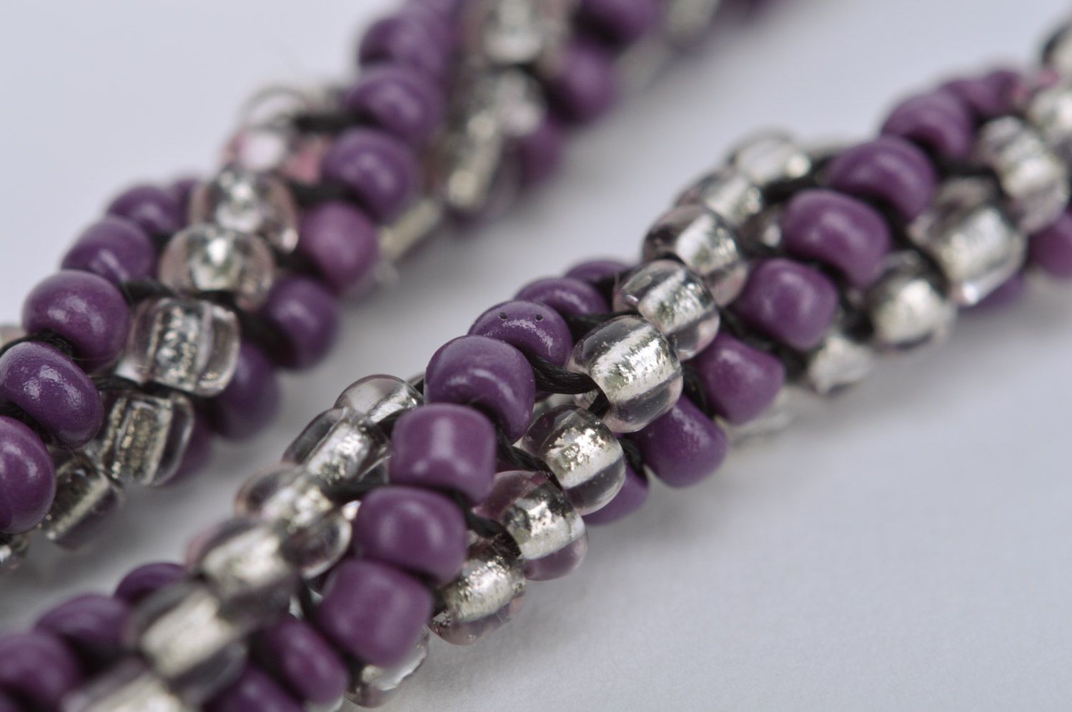 Handmade magnificent designer airy necklace woven of Czech beads in violet color photo 4