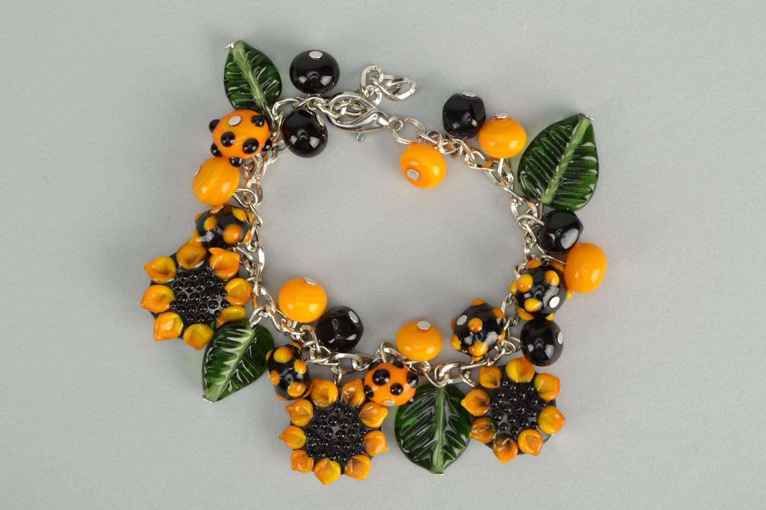 Wrist bracelet with lampwork glass beads Sunflowers photo 1